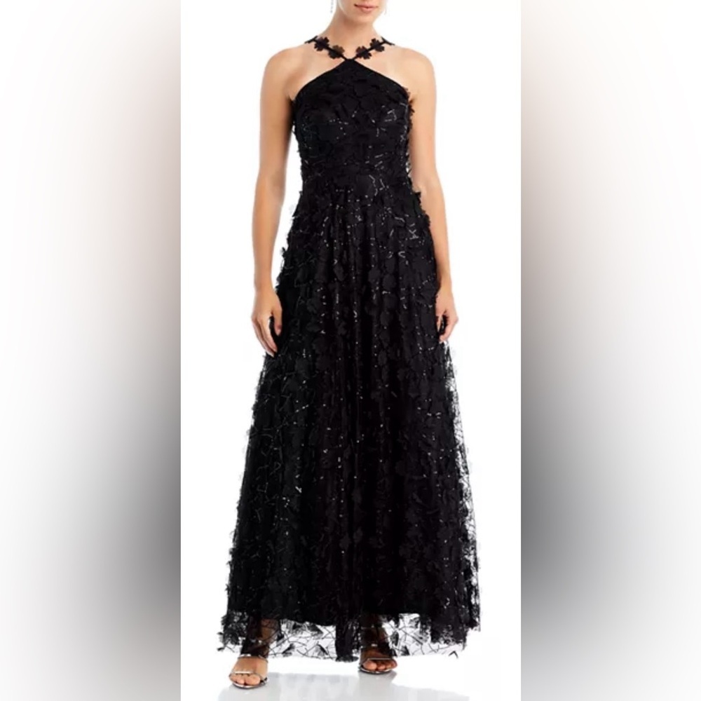 NWOT Eliza J Floating 3D Flowers Halter Style Black Ball Gown Sz 10